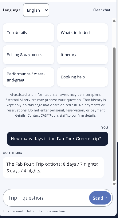 English chatbot on desktop answering itinerary question for The Fab Four Greece trip with exact duration options