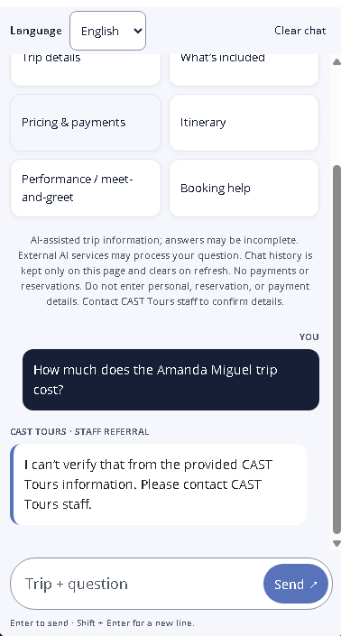 Chatbot response demonstrating safe staff referral for unverified Amanda Miguel trip pricing inquiry