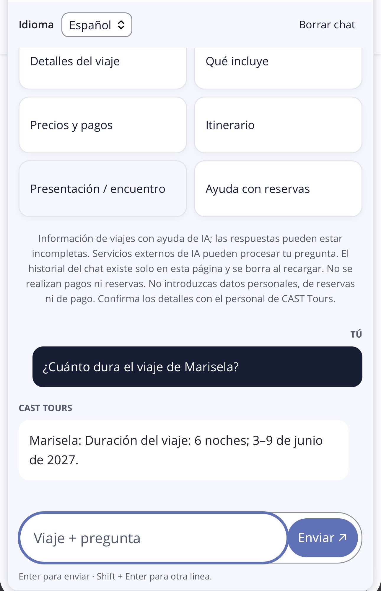 Spanish chatbot on mobile viewport answering Marisela trip duration question with exact dates and night count